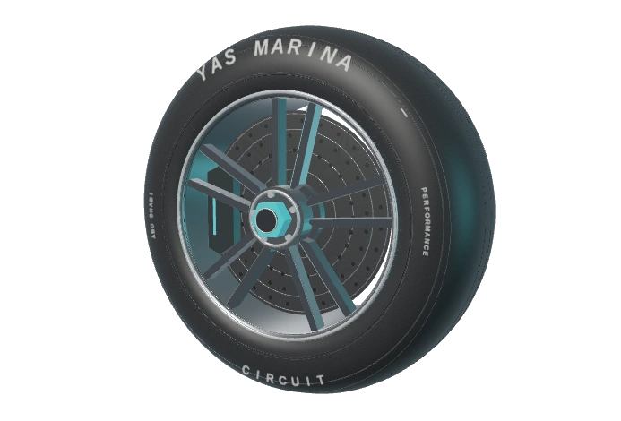 Sculptural racing wheel with a dark alloy rim and cyan centre lock